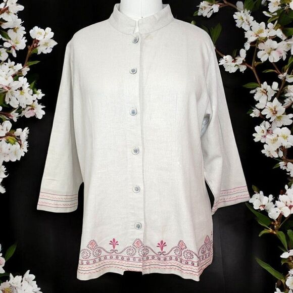 Karen Scott tan linen embroidered Mandarin collar button shirt - Picture 1 of 4